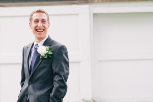 Grey Groom Suit Purple Tie White Boutonniere photo