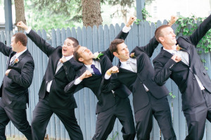 Grey Groomsmen Suits Silver Purple Ties Orange Boutonnieres photo