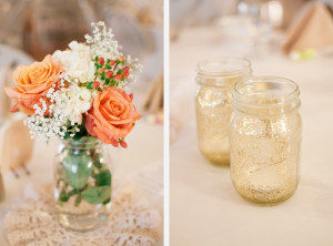 Orange Roses Baby's Breath Reception Centerpiece Glitter Mason Jars photo