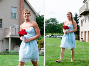 David's Bridal Short Crinkle Chiffon Front Cascade Bridesmaid Dress Red Bouquet photo