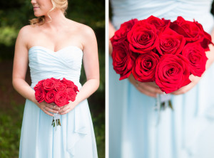 David's Bridal Short Crinkle Chiffon Front Cascade Bridesmaid Dress Red Bouquet photo