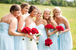 David's Bridal Short Crinkle Chiffon Front Cascade Bridesmaid Dress Red Bouquet photo