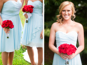 David's Bridal Short Crinkle Chiffon Front Cascade Bridesmaid Dress Red Bouquet photo