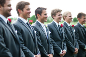 Red Boutonniere Men's Warehouse Gray Tuxedo White Vest White Tie Groom photo