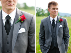 Red Boutonniere Men's Warehouse Gray Tuxedo White Vest White Tie Groom photo