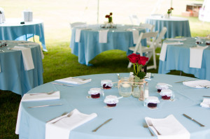 Blue Tablecloth Red Centerpieces Jam Wedding Favor Reception photo