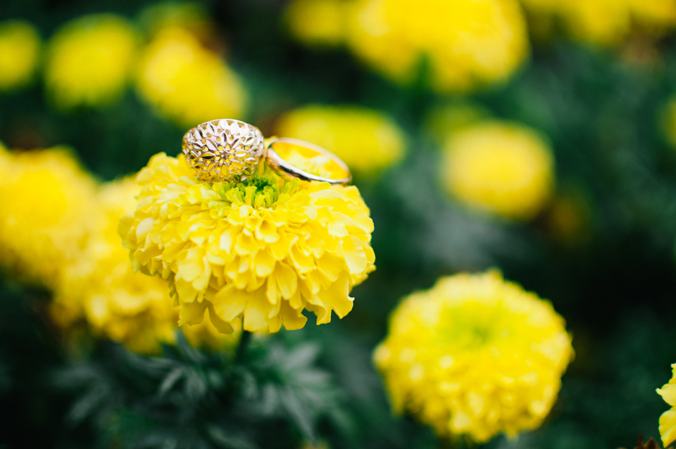 Yellow Pom Flowers Gold Wedding Ring photo
