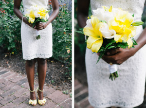 Yellow White Bridal Bouquet Rose Lily White Lace Wedding Dress photo