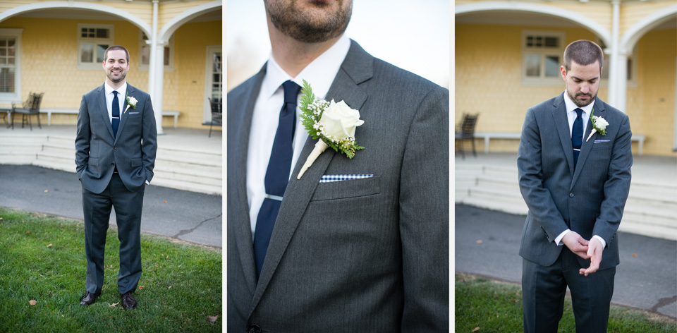 Groom Gray Suit Blue Tie Checkered Pocket Square photo