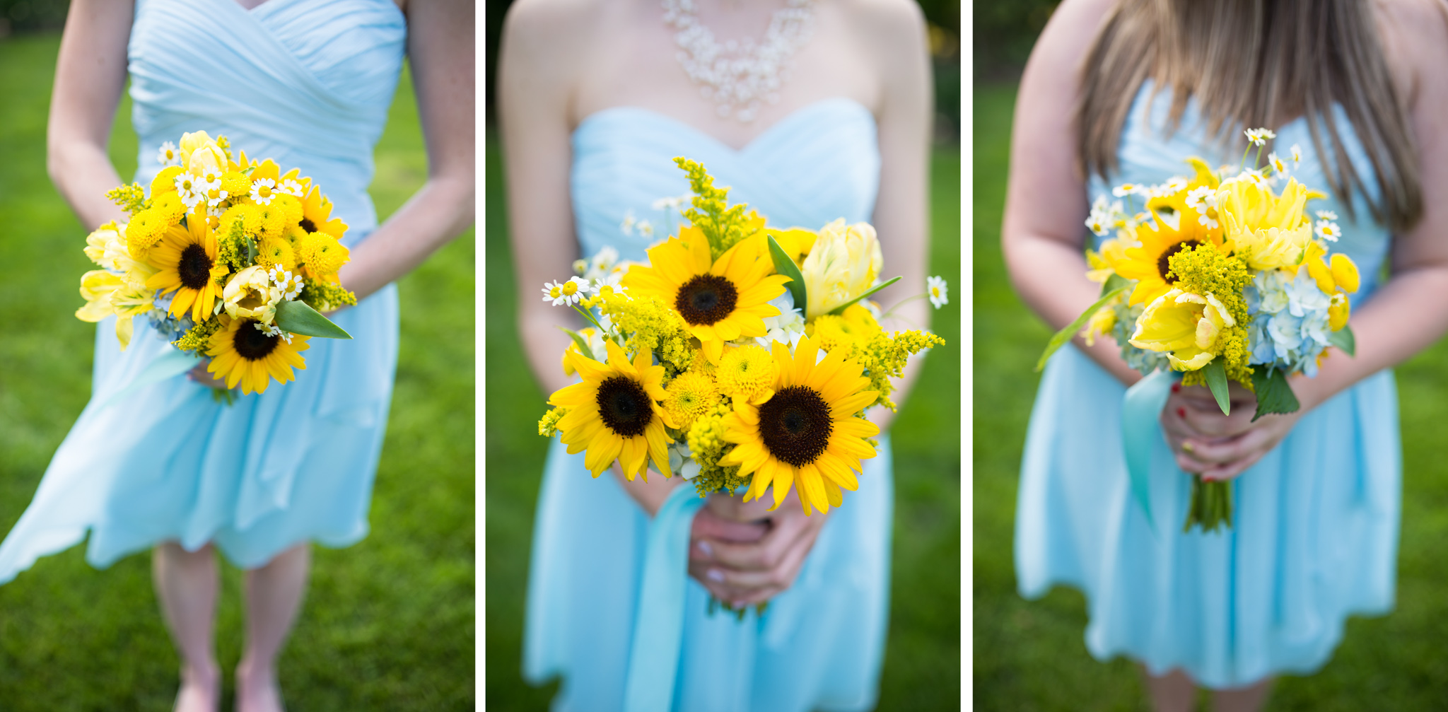 36-David's Bridal Short Crinkle Chiffon Dress with Front Cascade-Sunflower Bouquet