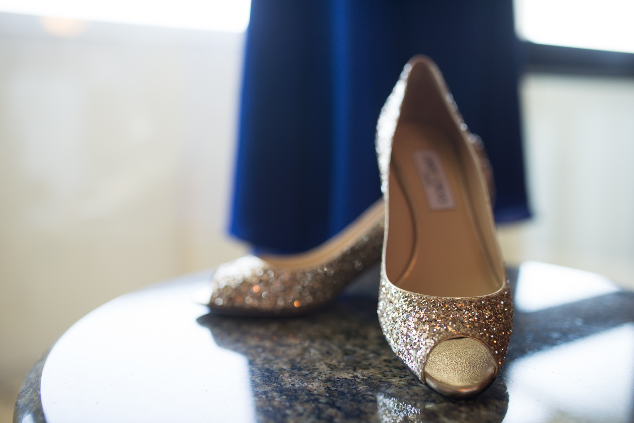 Jimmy Choo Gold Glitter Peep Toe Pumps photo