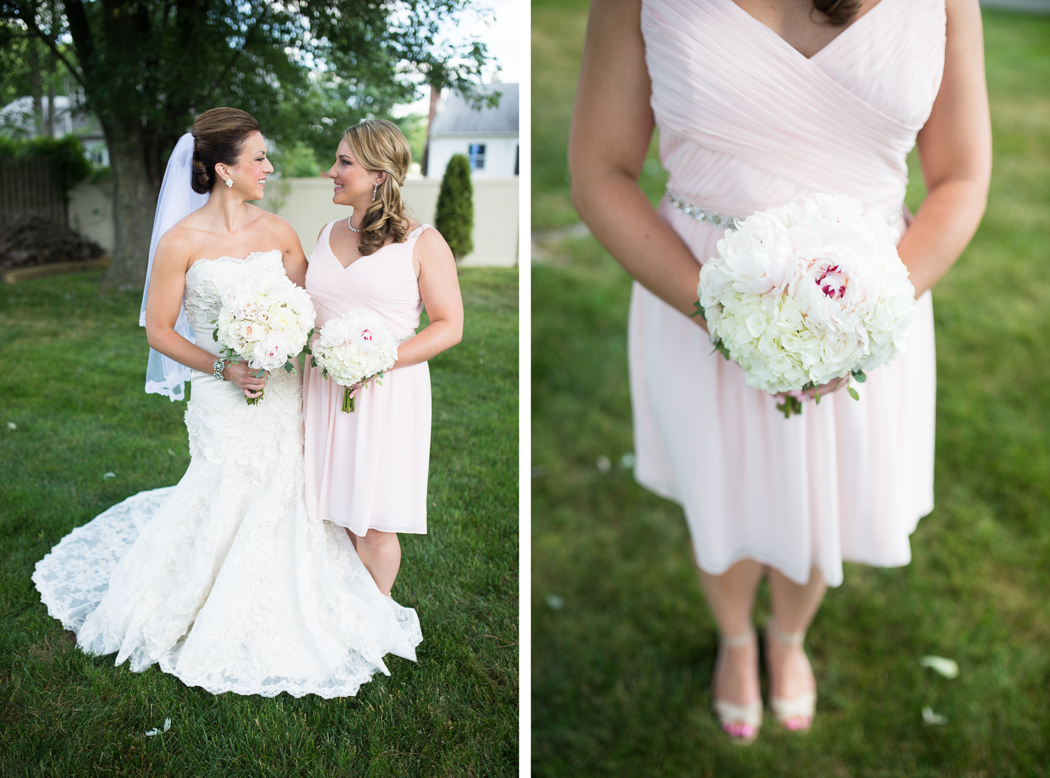 Pink Short David's Bridal Bridesmaid Dress White Bouquet photo