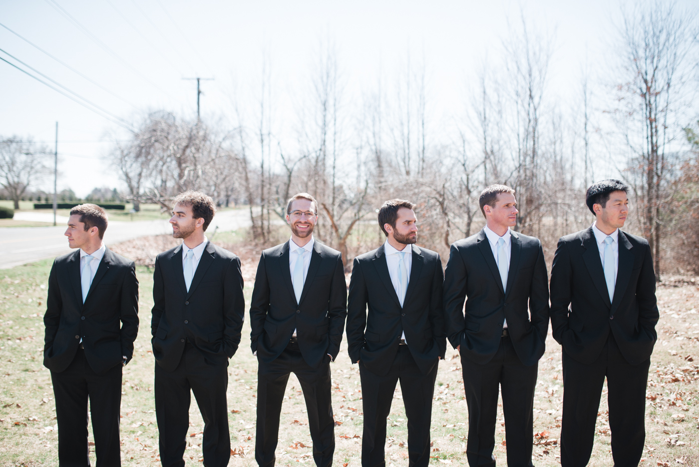 Groomsmen Black Suits Powder Blue Tie photo