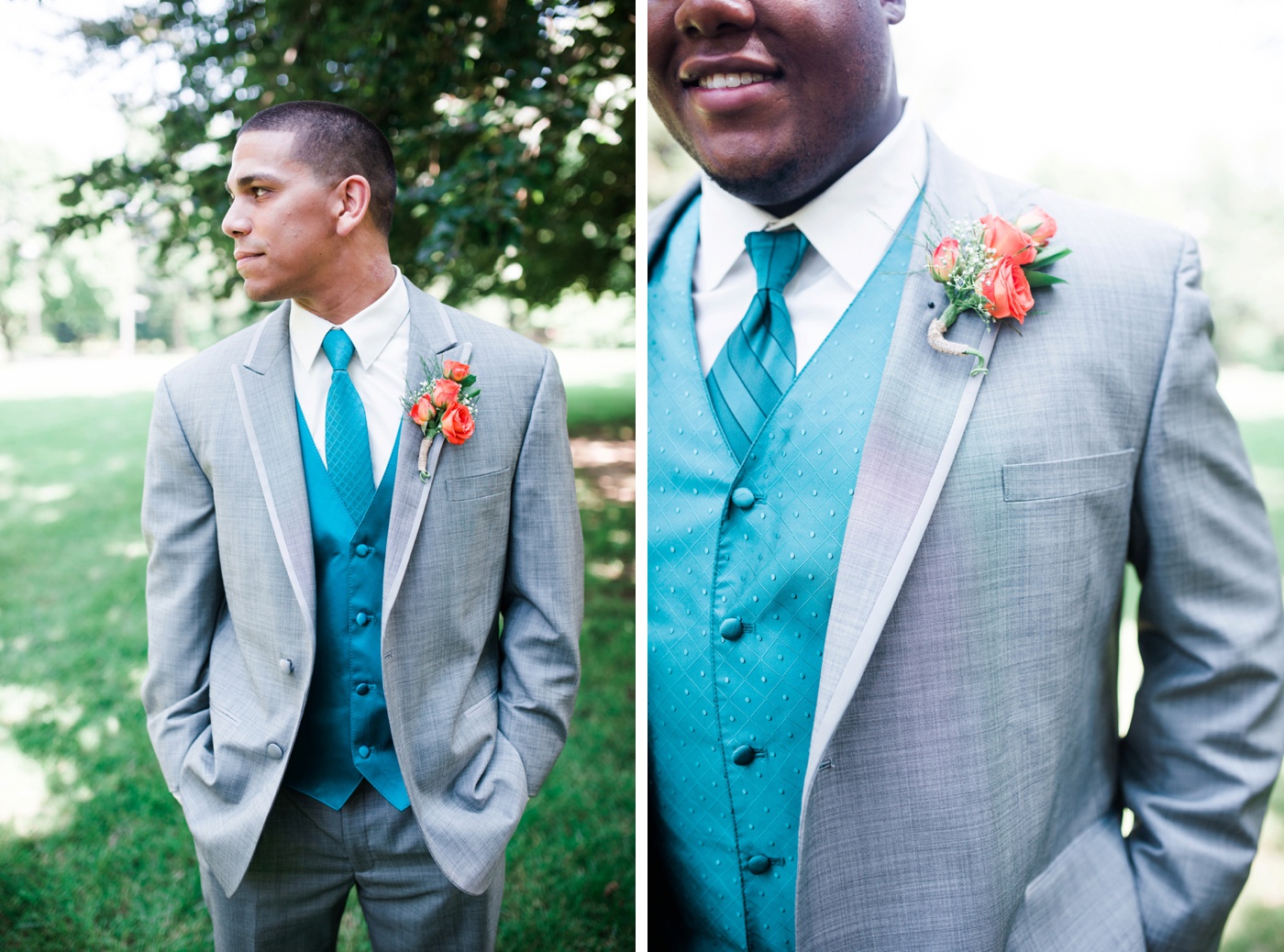 Gray Groomsmen Suits - Teal Aqua Vest Tie photo