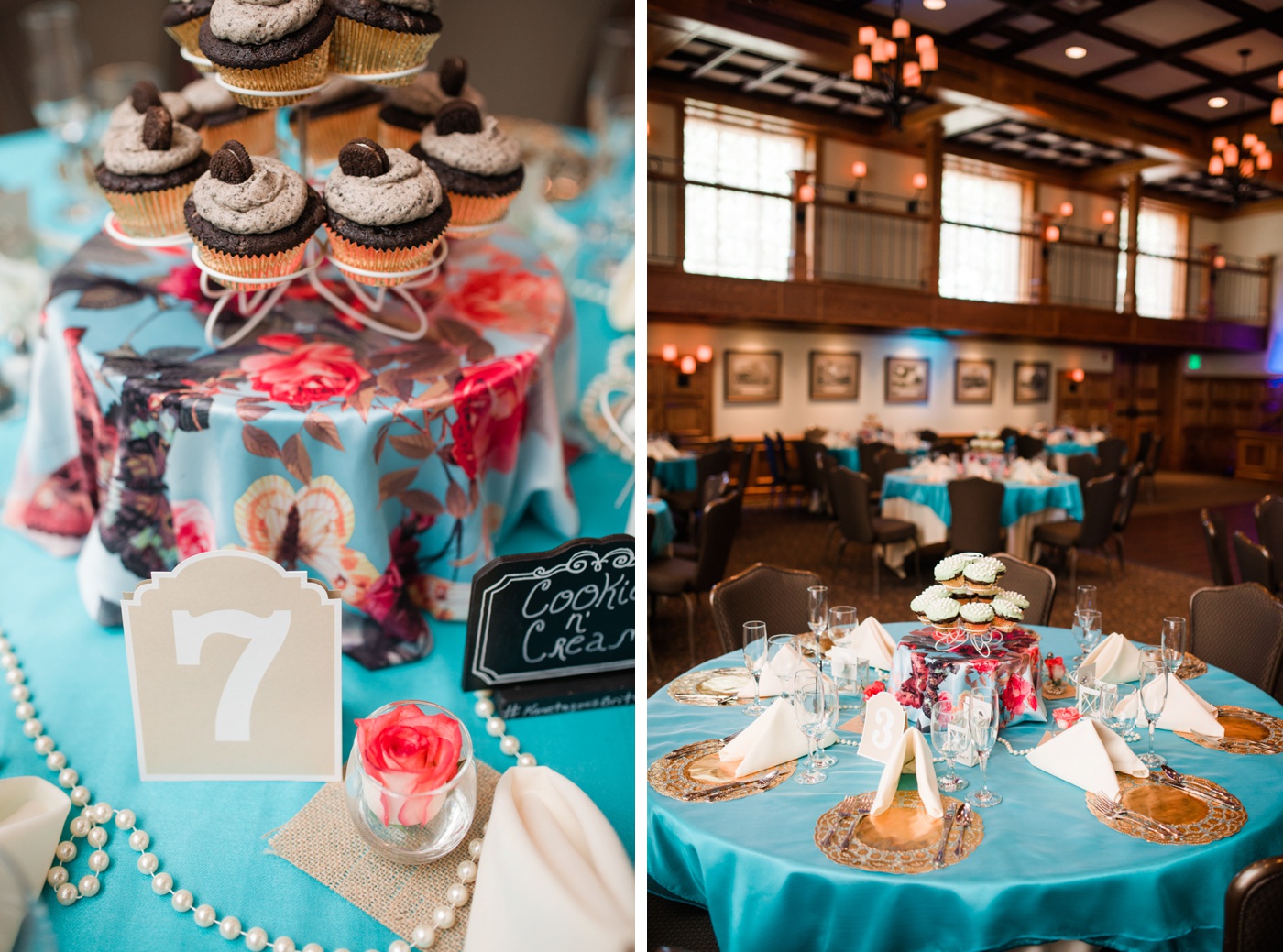 Teal Tablecloth - Cupcake Tower Wedding Centerpiece photo