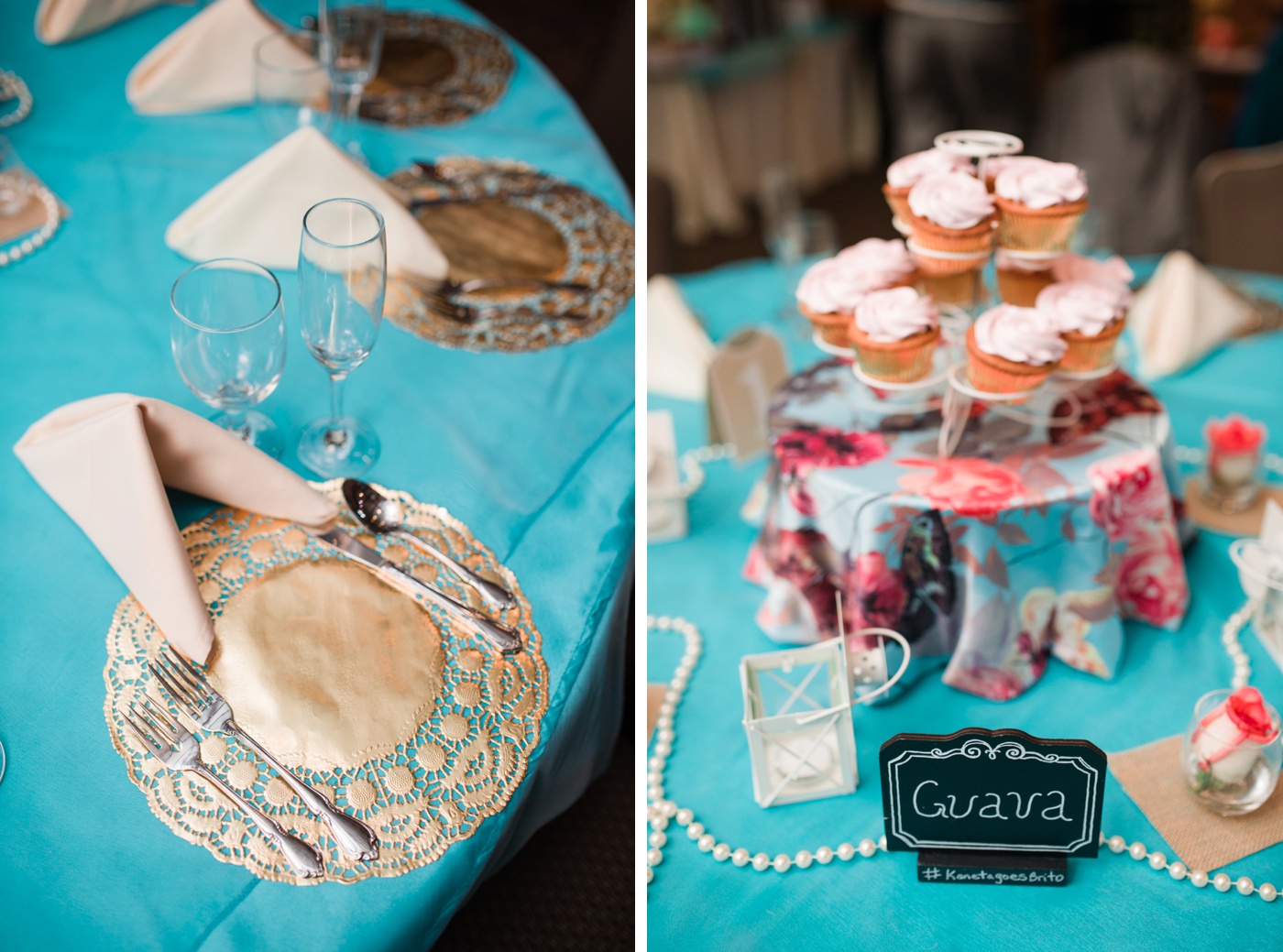 Teal Tablecloth - Cupcake Tower Wedding Centerpiece photo