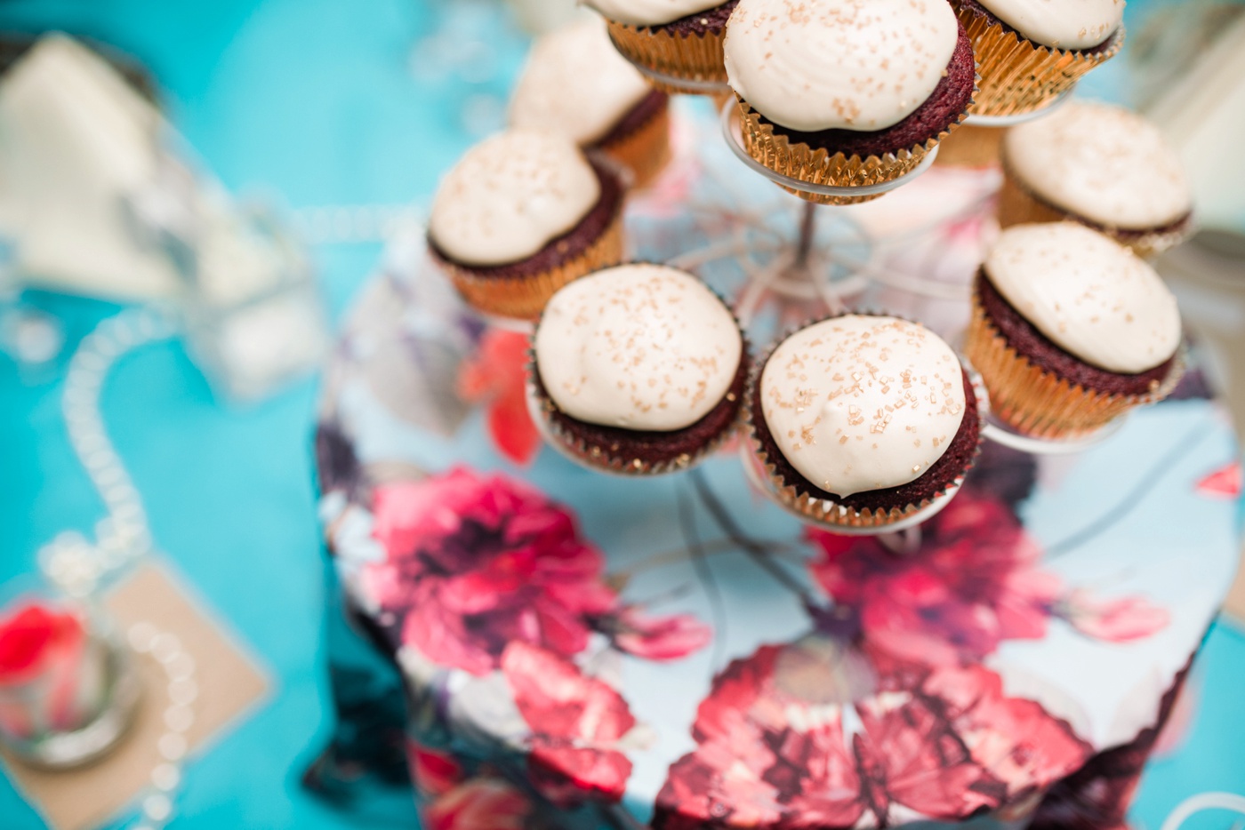 Teal Tablecloth - Cupcake Tower Wedding Centerpiece photo