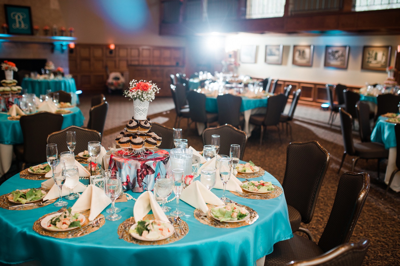 Teal Tablecloth - Cupcake Tower Wedding Centerpiece - Moorestown Community House Wedding Reception photo photo