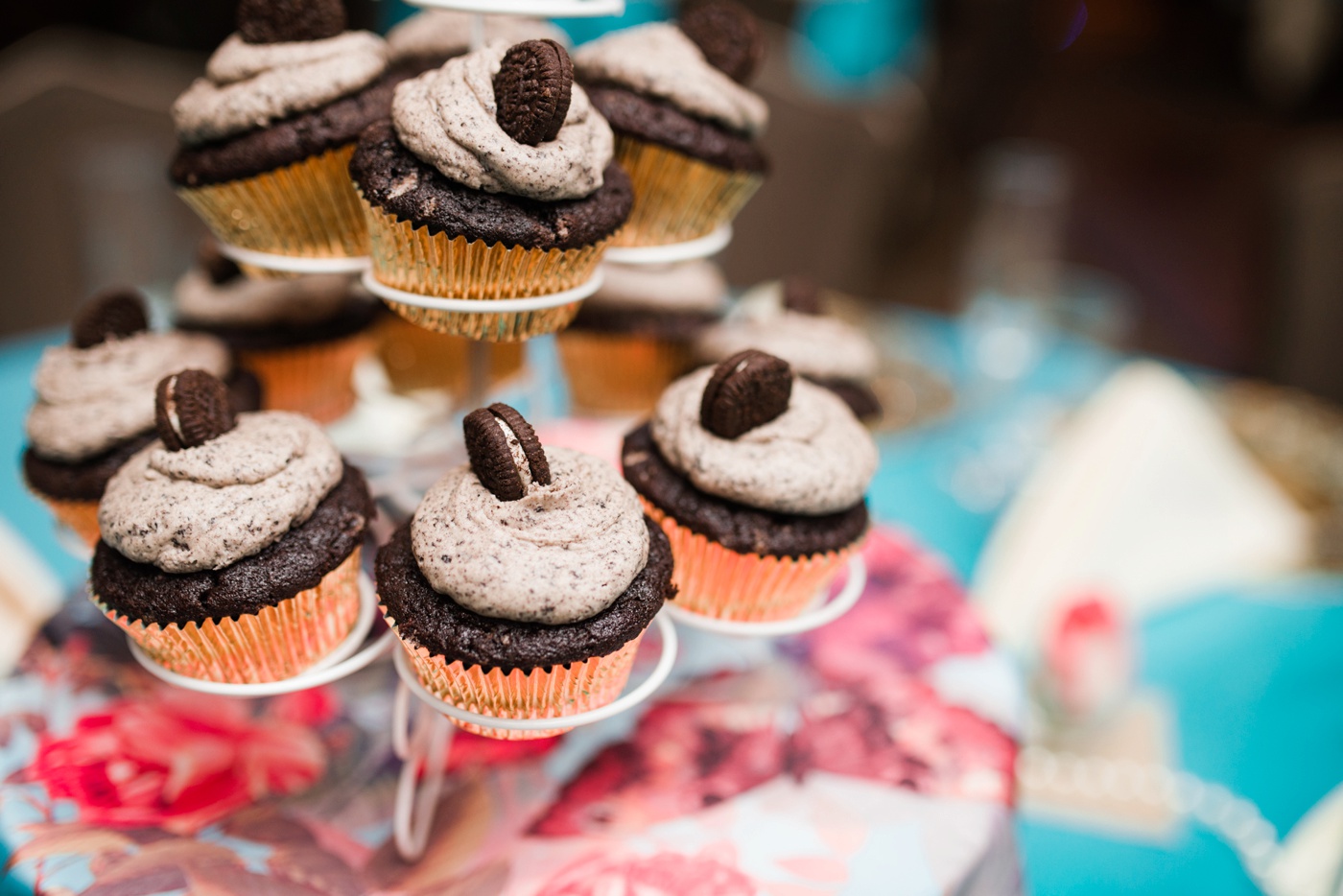 Teal Tablecloth - Cupcake Tower Wedding Centerpiece photo