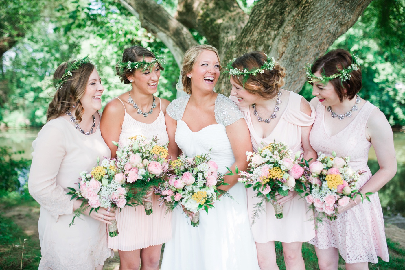 Blush Pink Mixed Bridesmaid Dresses - Flower Crowns photo