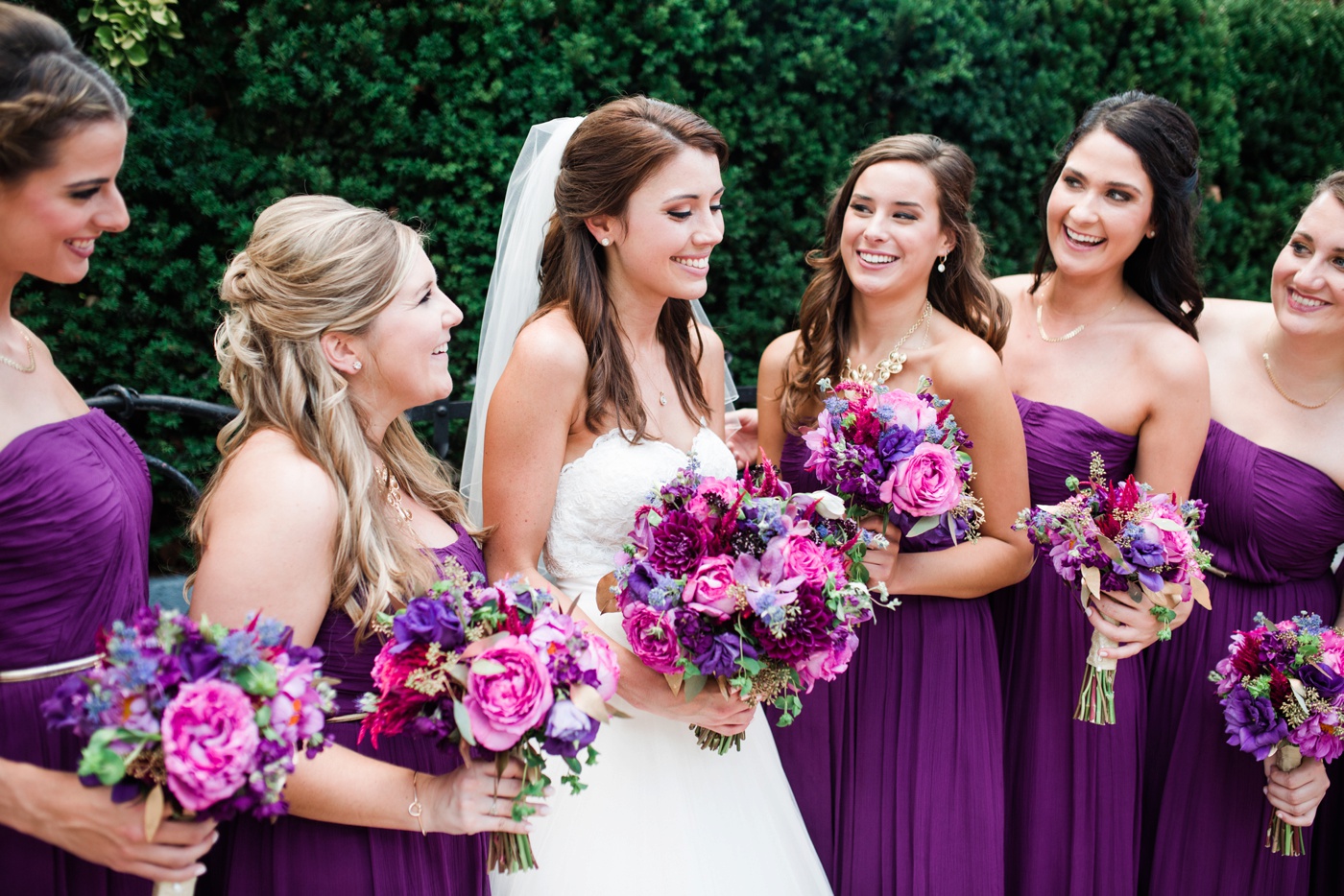 Purple Floor Length Donna Morgan Bridesmaid Dress - A Garden Party Florist photo