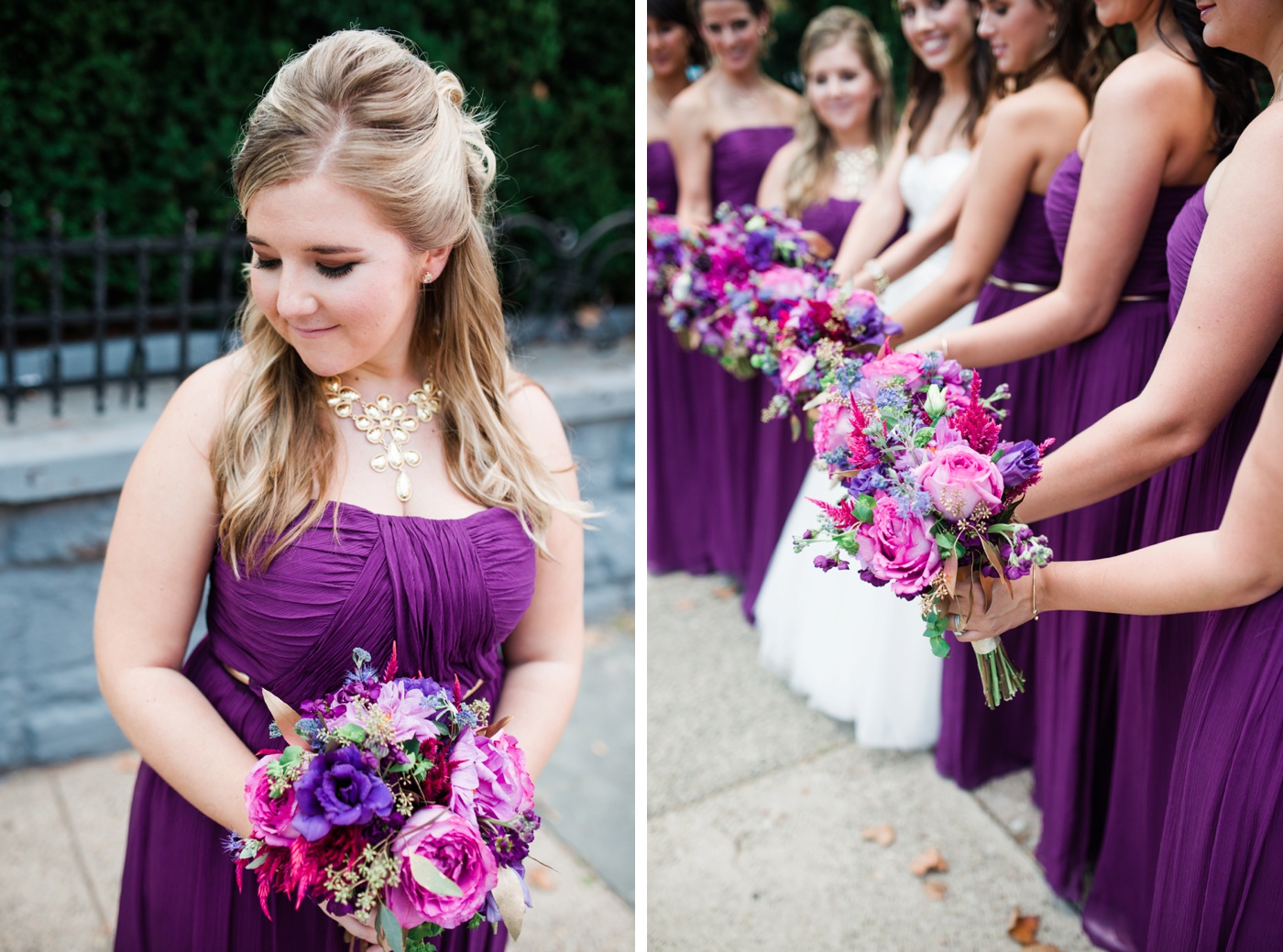 Purple Floor Length Donna Morgan Bridesmaid Dress - A Garden Party Florist photo